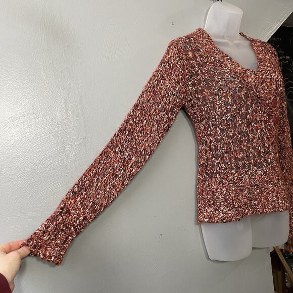 BKE Mohair Alpaca Sweater Size Medium Open Knit Marled Orange V-neck Y2K Boho - Picture 2 of 9